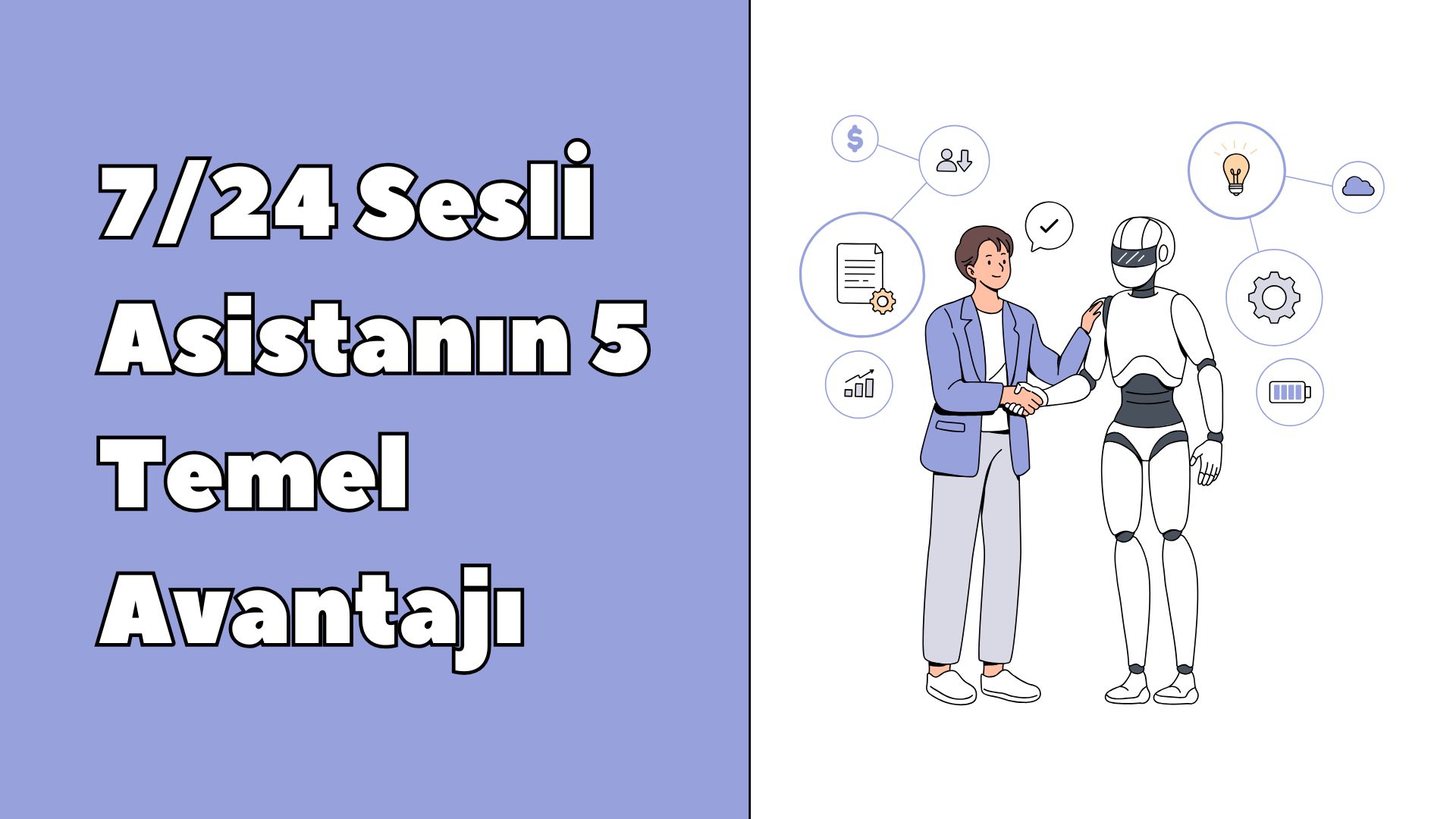 7/24 sesli asistanın 5 temel avantajı: insan ve yapay zeka iş birliği illüstrasyonu